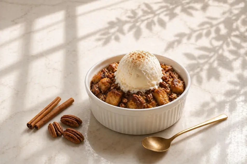 Pecan Pudding with Ice Cream